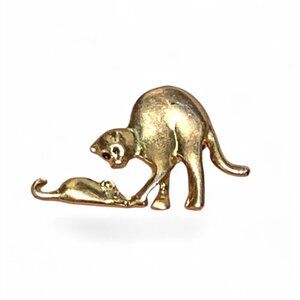 Vintage Cat & Mouse Gold Tone Brooch Untested 2"
